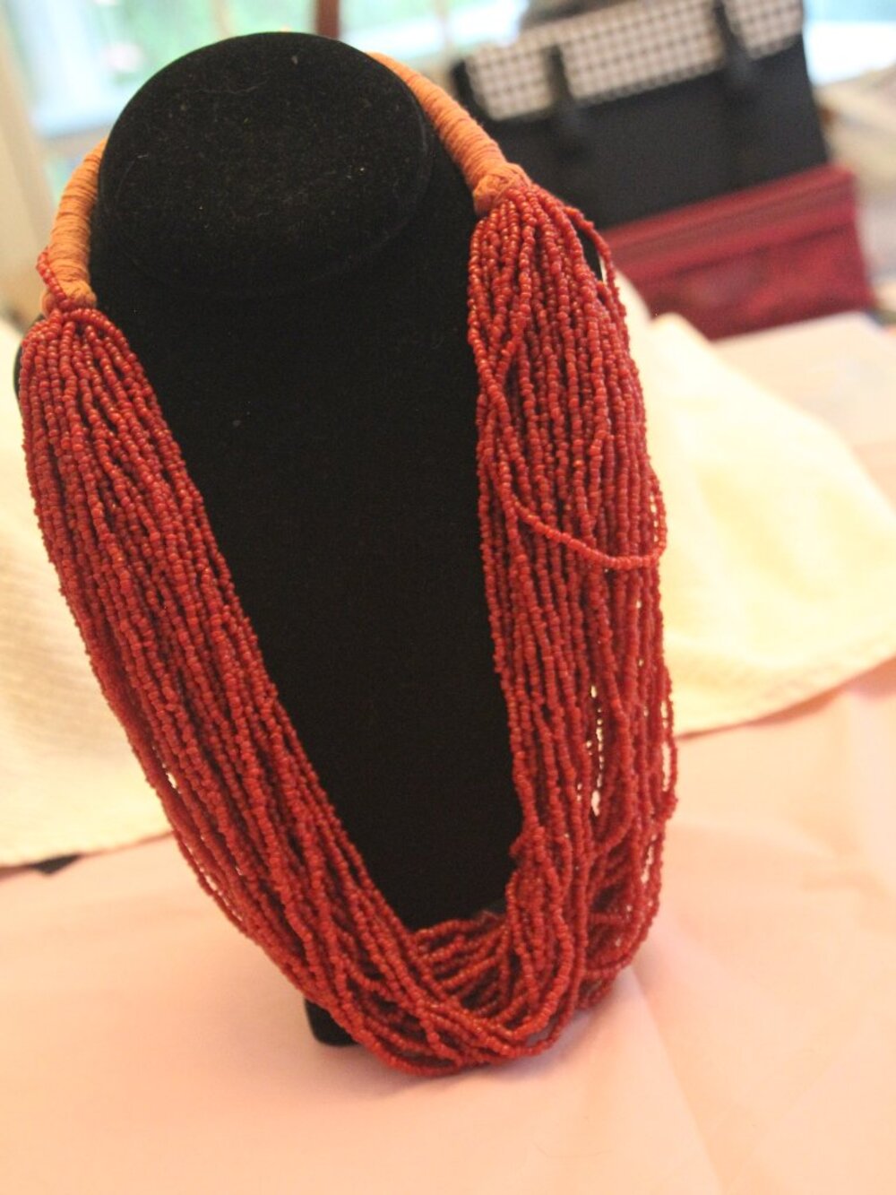 Necklace, vintage, multi strand deep red coral beaded.  Good condition.